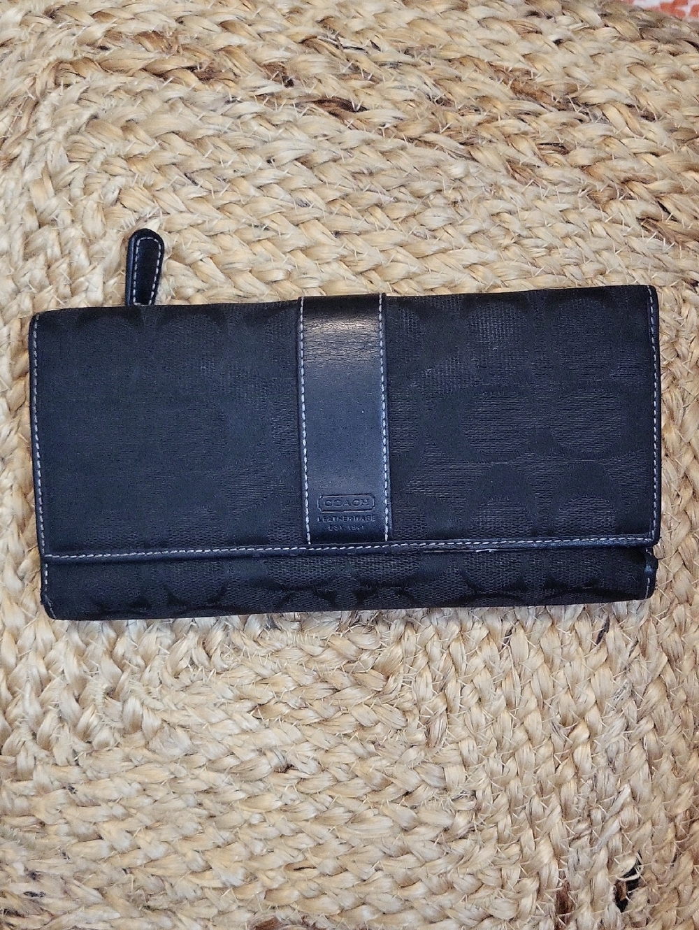 Coach Black Fold-Over Continental Wallet with Leather Center Trim
